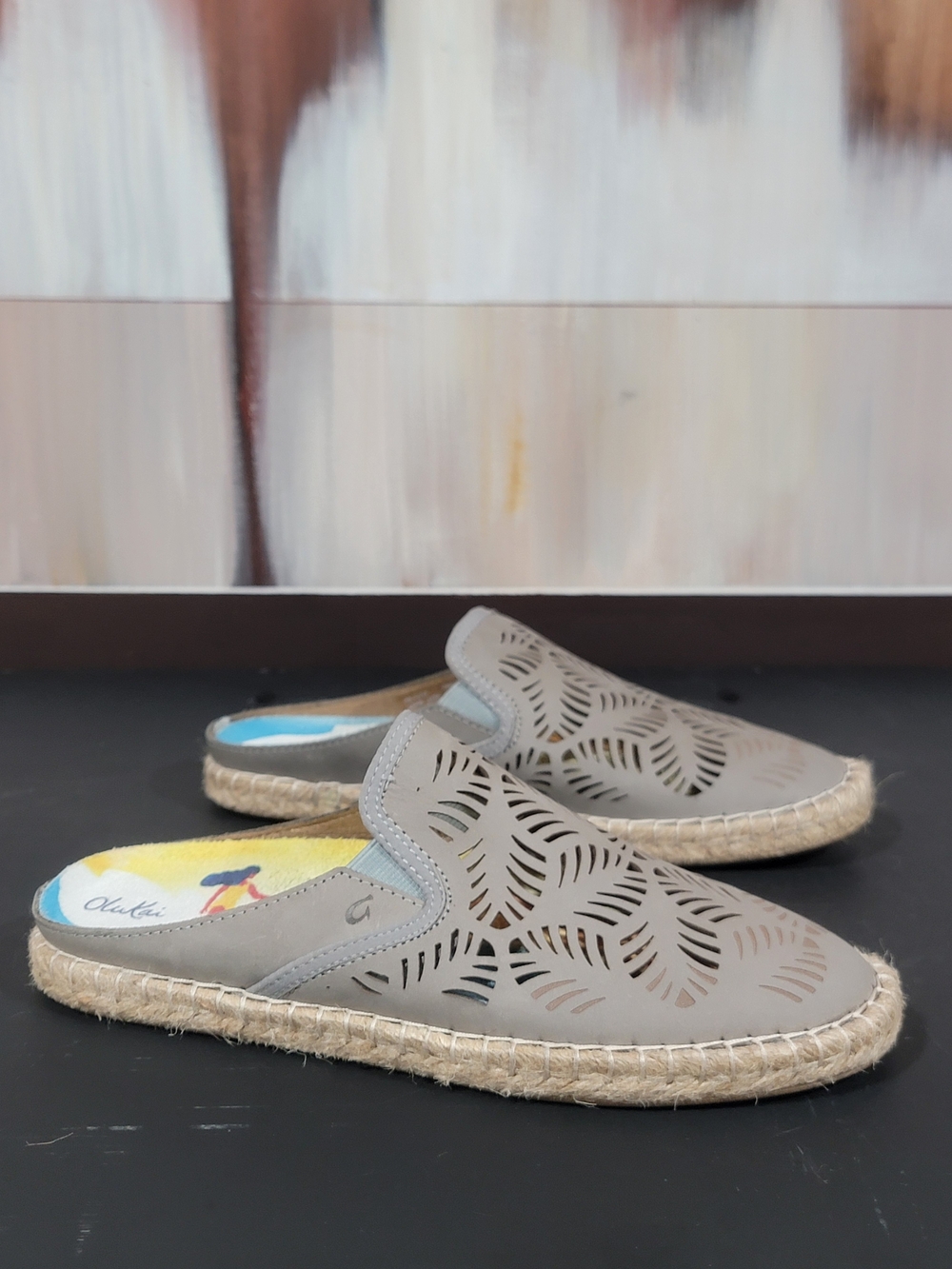Womens 7 OluKai Kaula Olu Ili Leather Espadrille Mule Slip On Perforated Gray